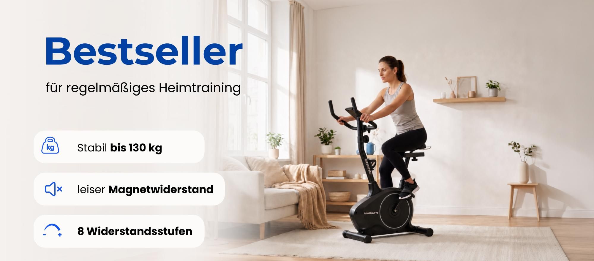 URBOGYM ARGO SILVER Heimtrainer – Magnetisches Fitnessbike mit 6-kg-Schwungrad, 8 Widerstandsstufen, bis 130 kg