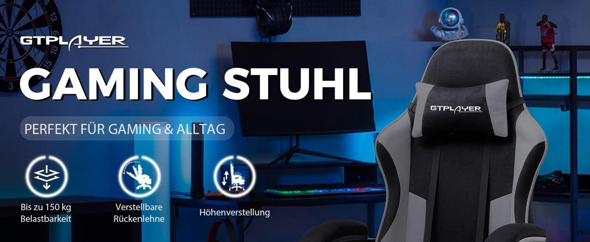 GTPLAYER Gaming Stuhl, Bürostuhl, Ergonomischer Pc Stuhl, Gaming Sessel mit Massagelendenwirbelstütze mit Fußstütze und Kopfstütze, Grau Stoff
