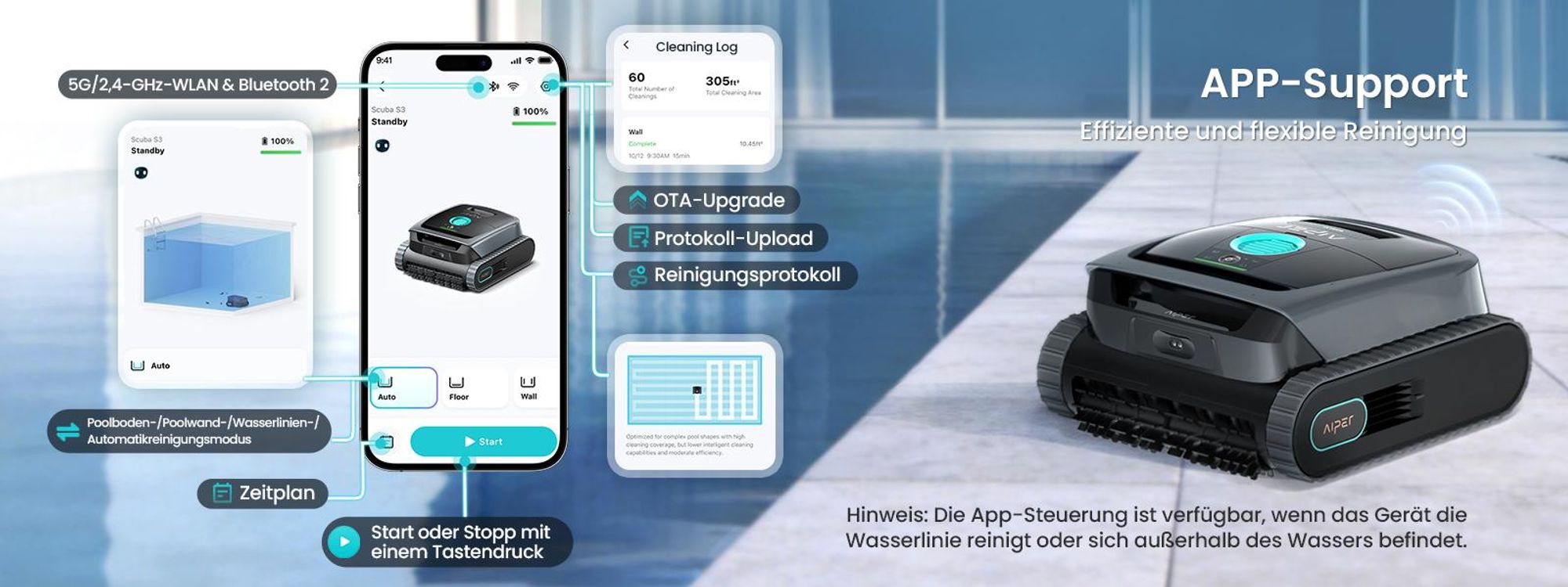 AIPER Scuba S3 Poolroboter Wand und Boden, Wasserlinien-Parkfunktion, Intelligente Sensor-Navigation
