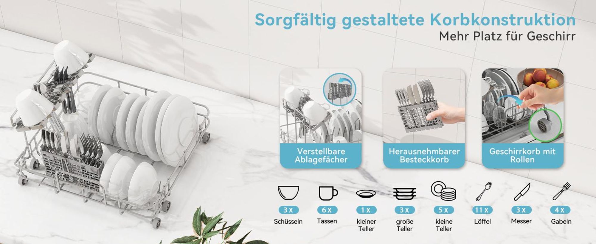 Puluomis Mini Geschirrspüler 45cm freistehend, Tischgeschirrspüler mit 6 Programme mit PTC Heißlufttrocknung, 24h Timer, 2-in-1 Wasserzufuhr schwarz