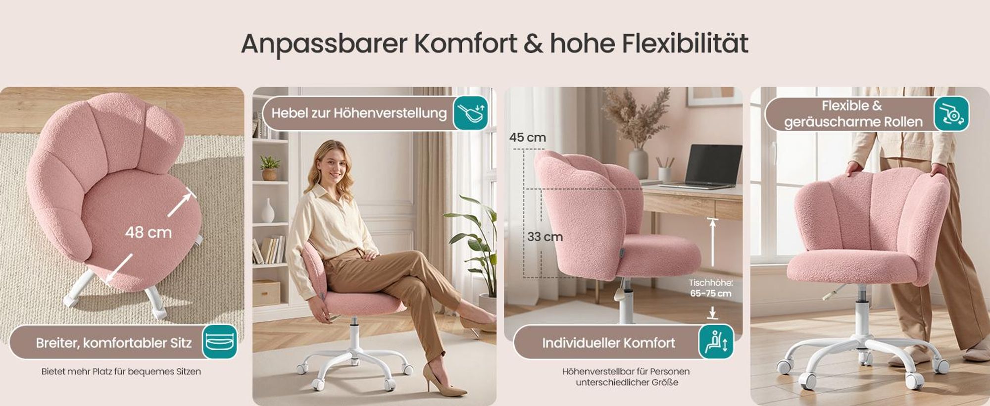 SONGMICS Drehbarer Schminktischstuhl, höhenverstellbarer Polsterstuhl mit Blütenblatt-Rückenlehne, Fleece, bis 110 kg, rosa