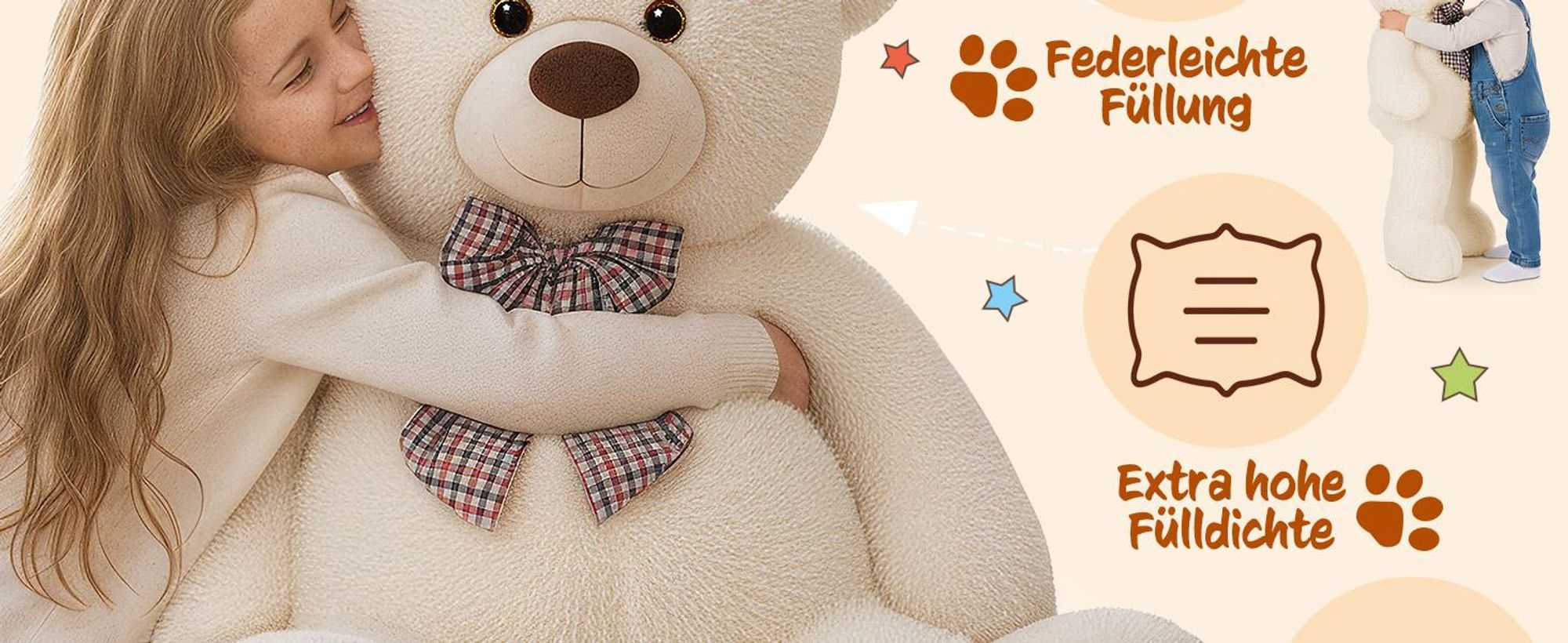Monzana Teddybär L 50 cm Weiß, weiches Kuscheltier aus Plüsch