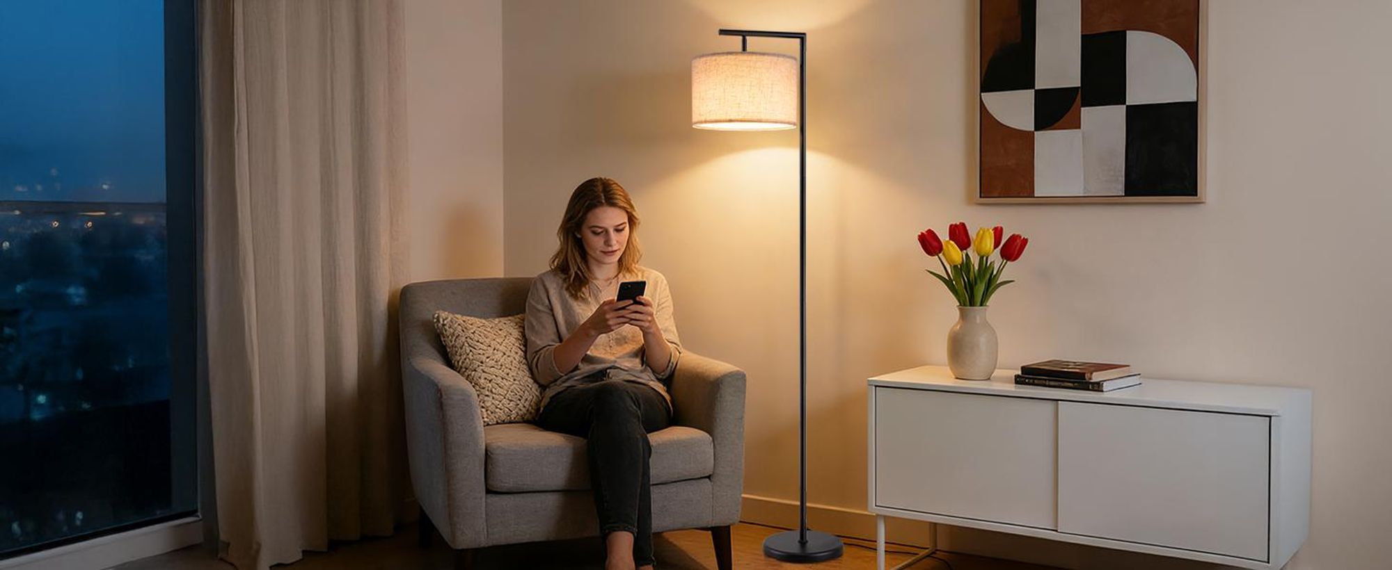 EDISHINE Stehlampe Bogenlampe Wohnzimmer mit LED-Glühbirne, mit Leinenschirm verstellen, Standleuchte Schwarz