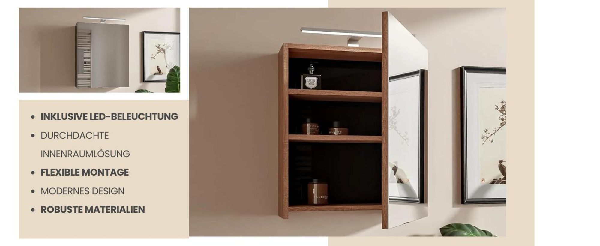 HAJDUK FURNITURE Spiegelschrank Bad mit LED Beleuchtung 50x60 cm Eiche Sonoma Badschrank mit Spiegel Ablage und Griffloser Öffnung Aufsatzleuchte