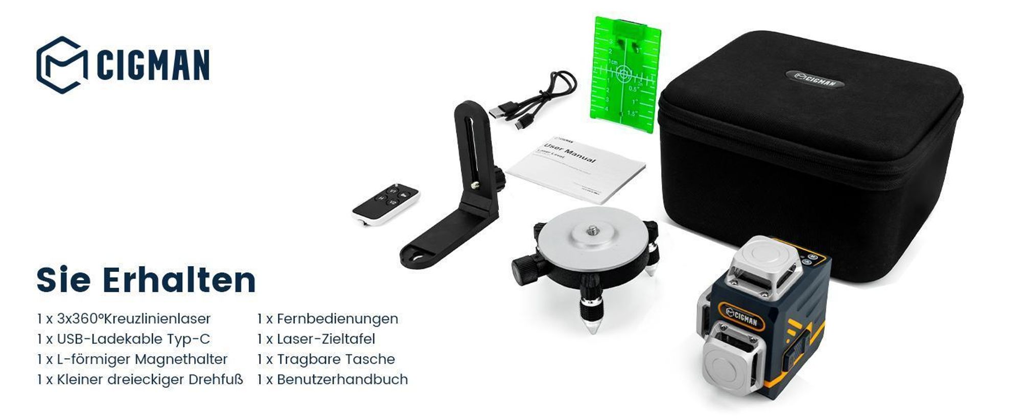 CIGMAN CM701 Niveau laser, Autonivelant 360°, Nivellement 3D, Portée 30M, Télécommande, Support double