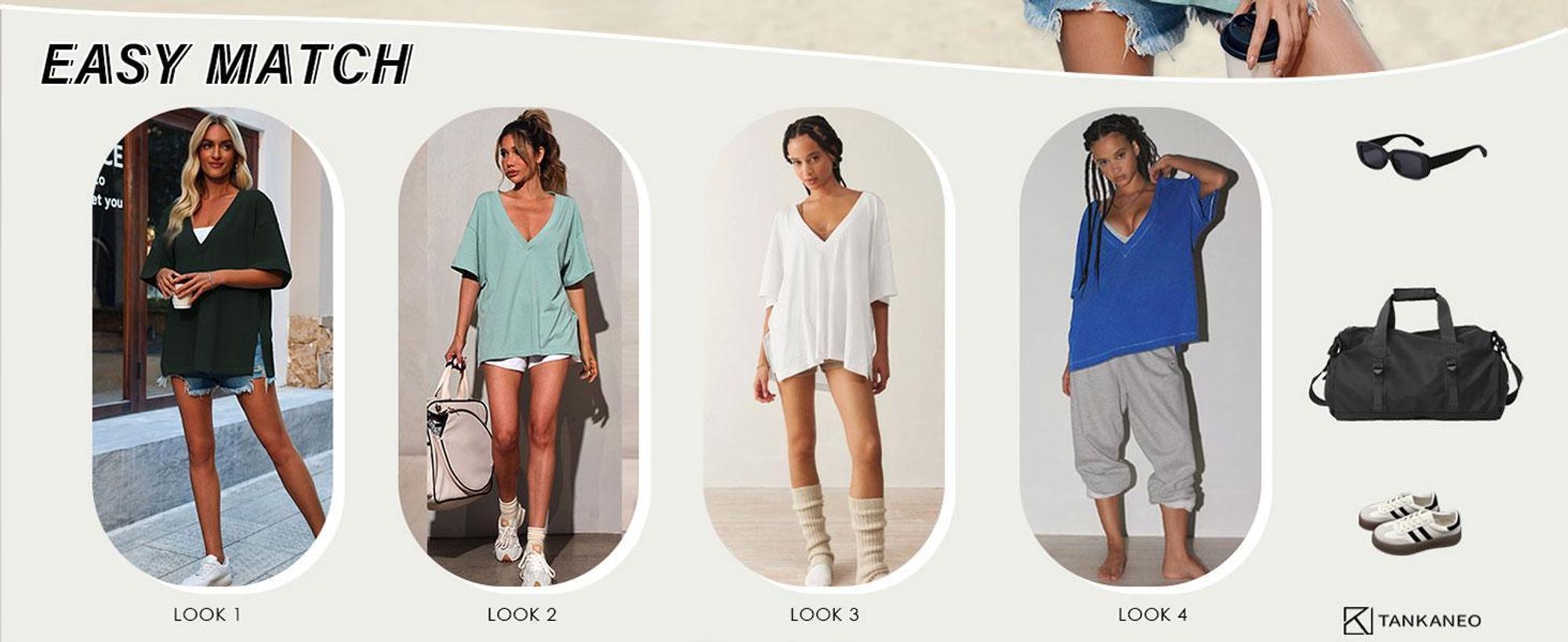 Oversized Damen-T-Shirt, tiefer V-Ausschnitt, lockere Passform, Seitenschlitze
