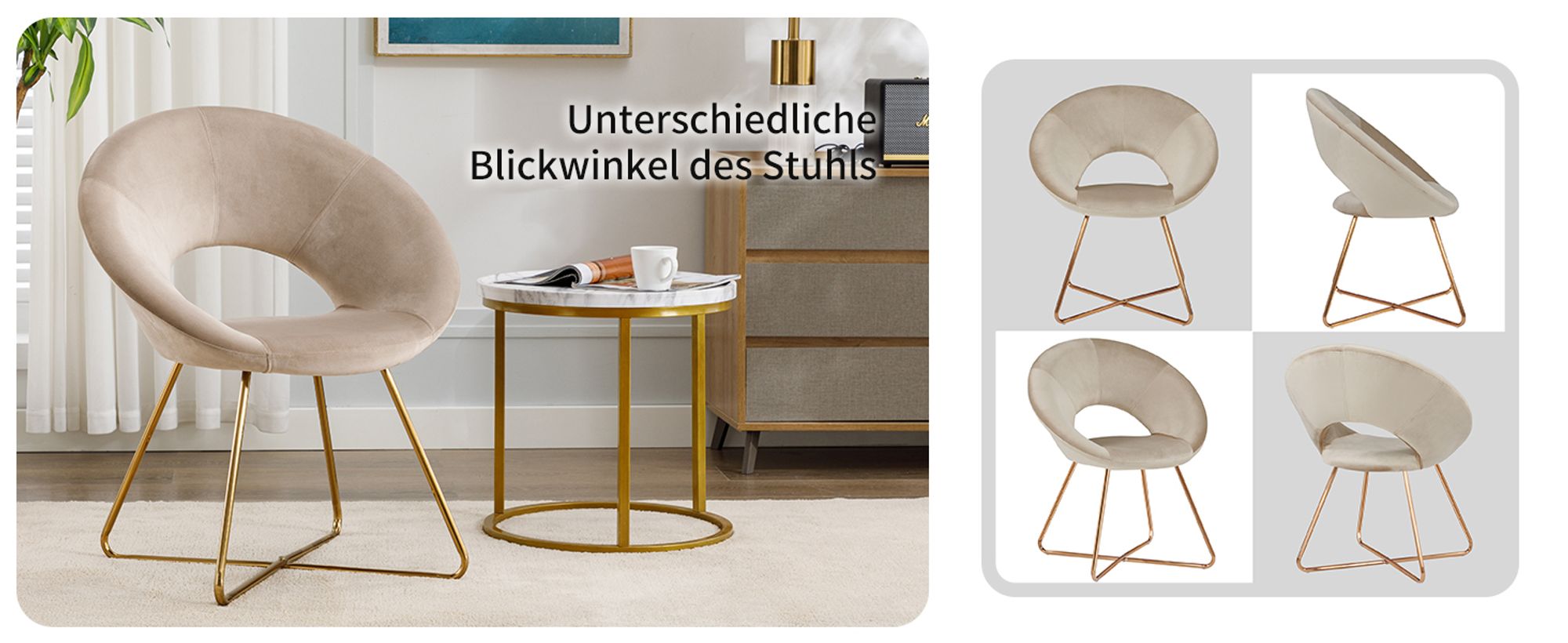 Duhome Esszimmerstuhl Schminktisch Stuhl Wohnzimmerstuhl Samt Sessel Küchenstuhl Polsterstuhl mit Gold Metallbeine, Beige