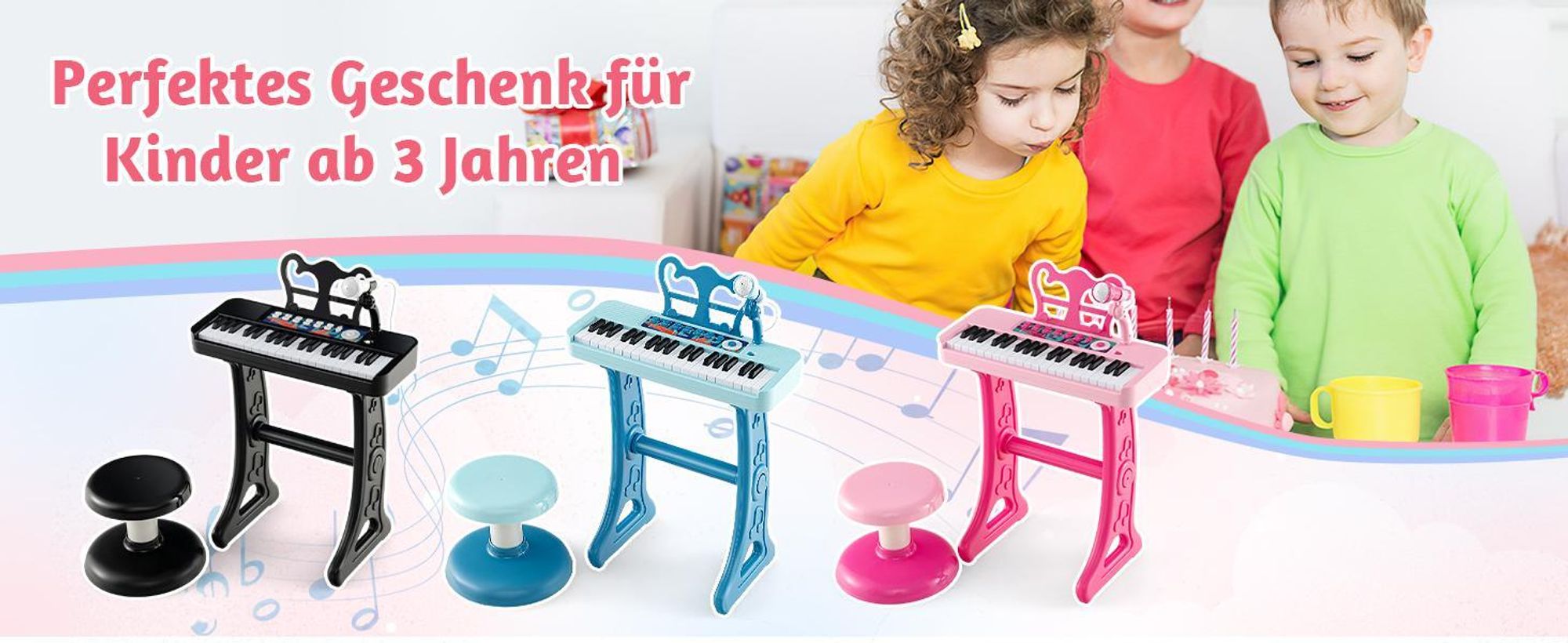 Kinder Keyboard, 37 Tasten E-Piano mit Notenständer & Mikrofon & Hocker, Klavier Spielzeug für Kinder ab 3 Jahren, Belastbar bis 50kg (Blau)