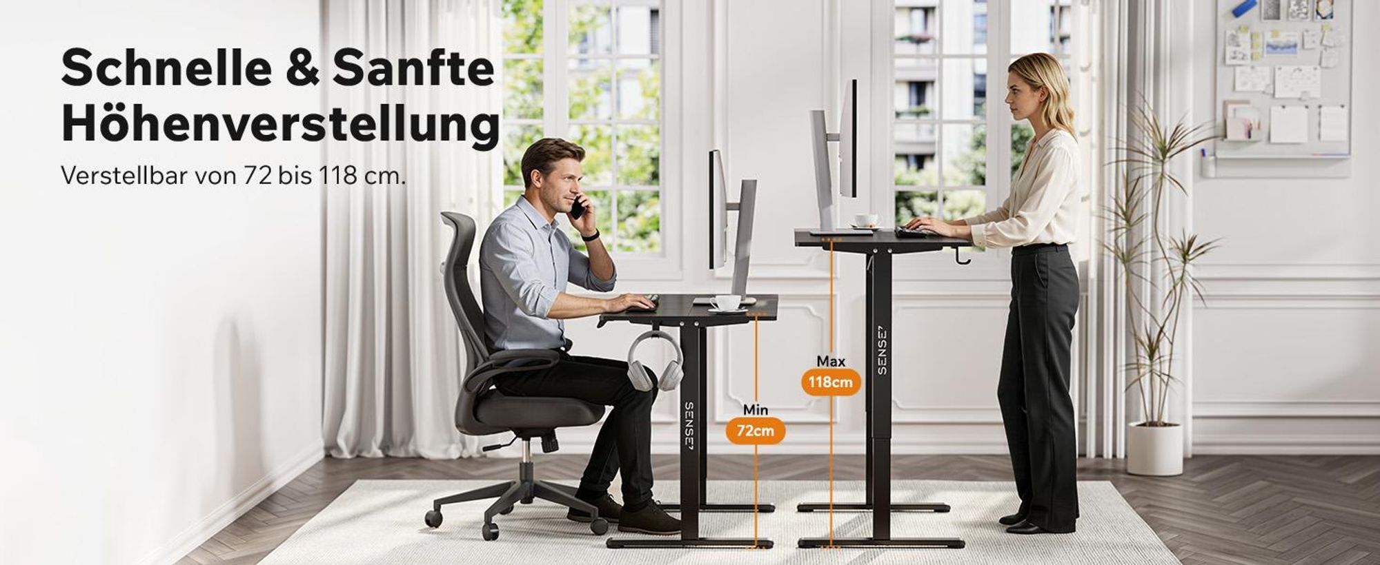 SENSE7 NOJO Light Elektrisch Höhenverstellbares Schreibtischgestell | 72-118cm, Memory-Funktion, Kopfhörerhalter, Max. 70kg, Stahl-Tischgestell