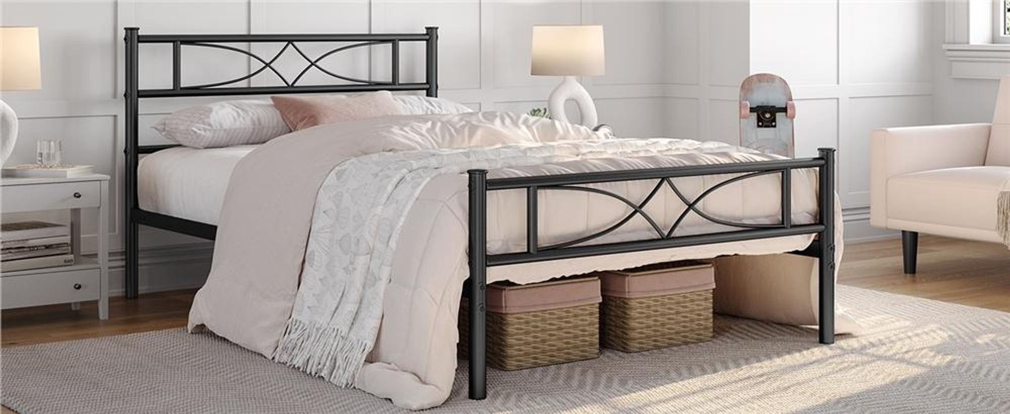 Yaheetech Metallbett Bettgestell 90 x 200 cm, Bettrahmen mit Flügelmuster Kopfteil, Schwarz