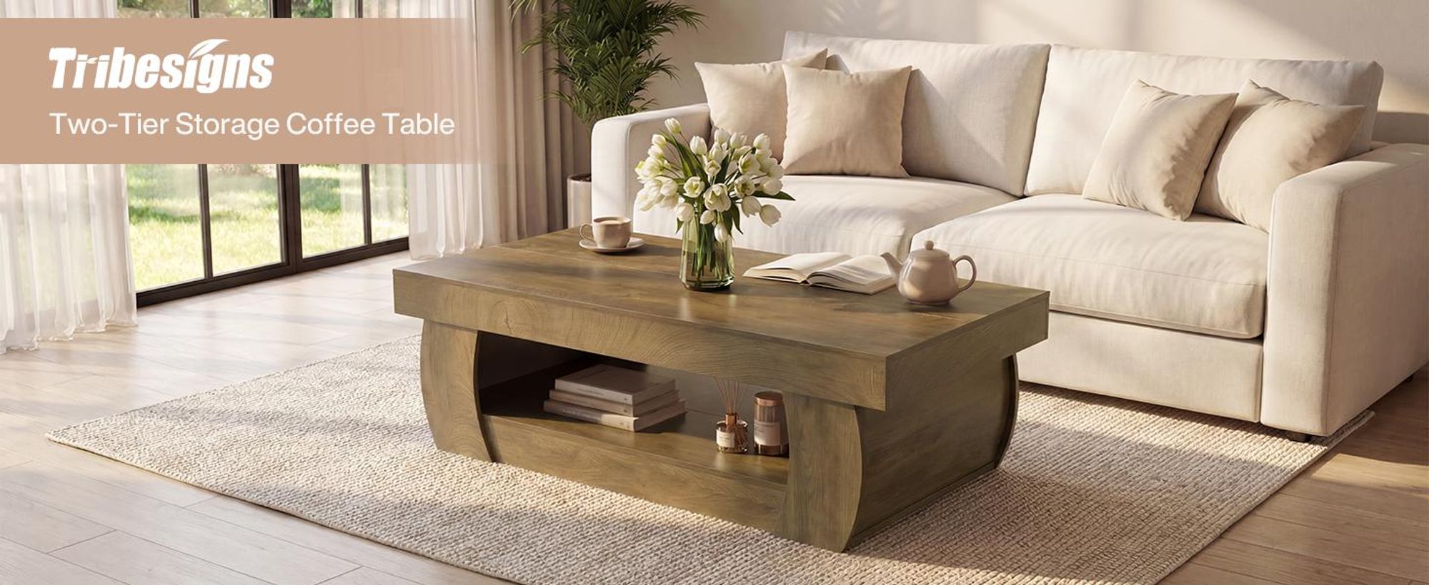 Tribesigns Couchtisch, 140 x 70 x 45 cm, für das Wohnzimmer, moderner Wohnzimmertisch mit offenem Ablagefach, stabiler rechteckiger Mitteltisch