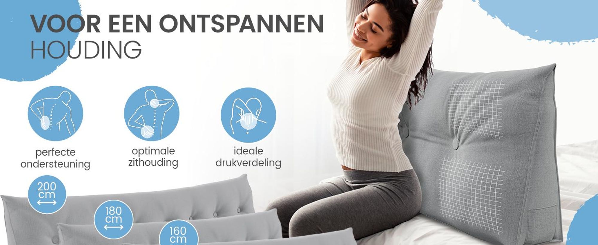 ELONEO rugkussen, 90 cm breed, geschikt als keilkussen voor bed en bank, driehoekig leeskussen, kussen met afneembare en wasbare hoes