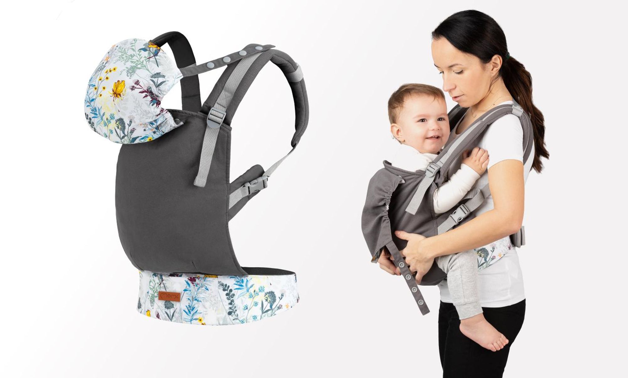 MoMi COLLET – Ergonomische & physiologische Babytrage, verstellbar für vorne & hinten, mit Kapuze & Tasche – Blumenmuster