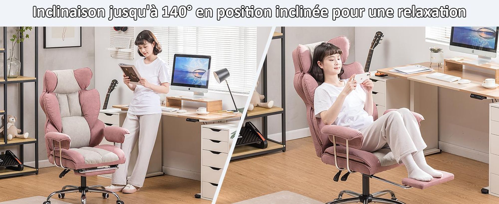 COMHOMA Chaise de bureau Gaming, chaise gamer, chaise de bureau ergonomique surface tissu avec repose-pieds, réglable en hauteur, chaise de bureau, fauteuil de direction, tissu rose