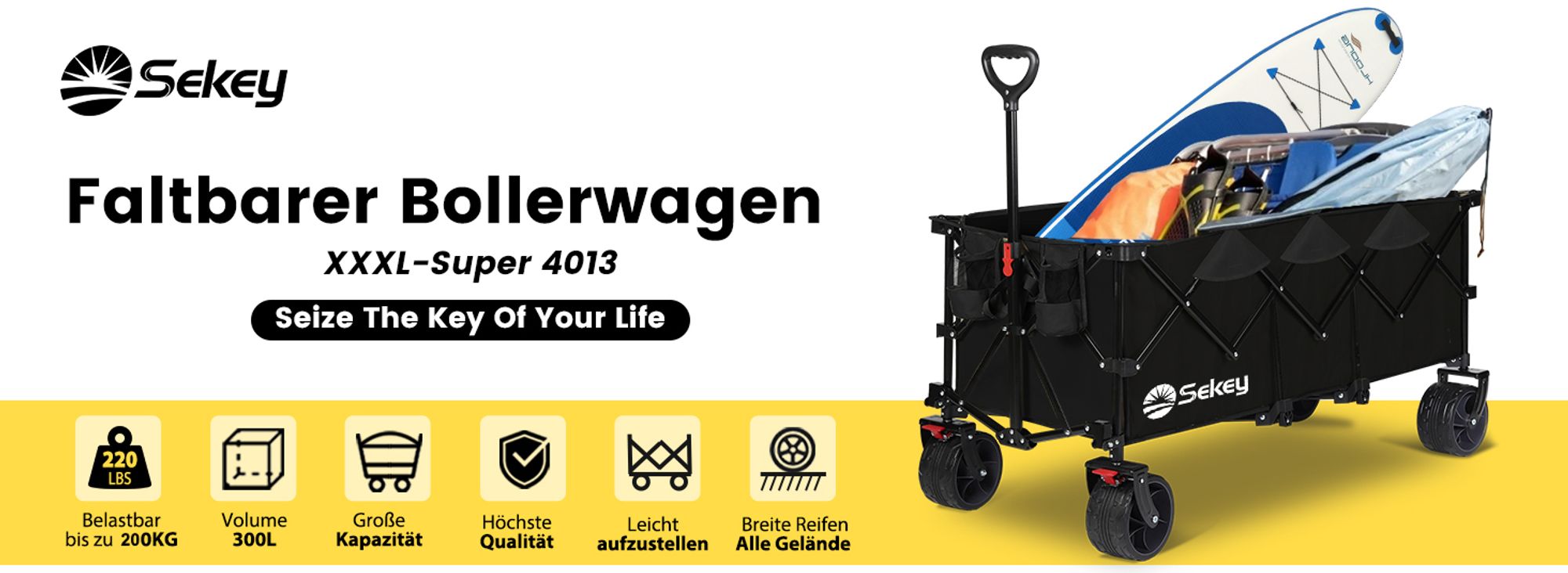 Sekey XXXL Bollerwagen Faltbar 300L 200KG Transportwagen Groß Handwagen, Schwarz