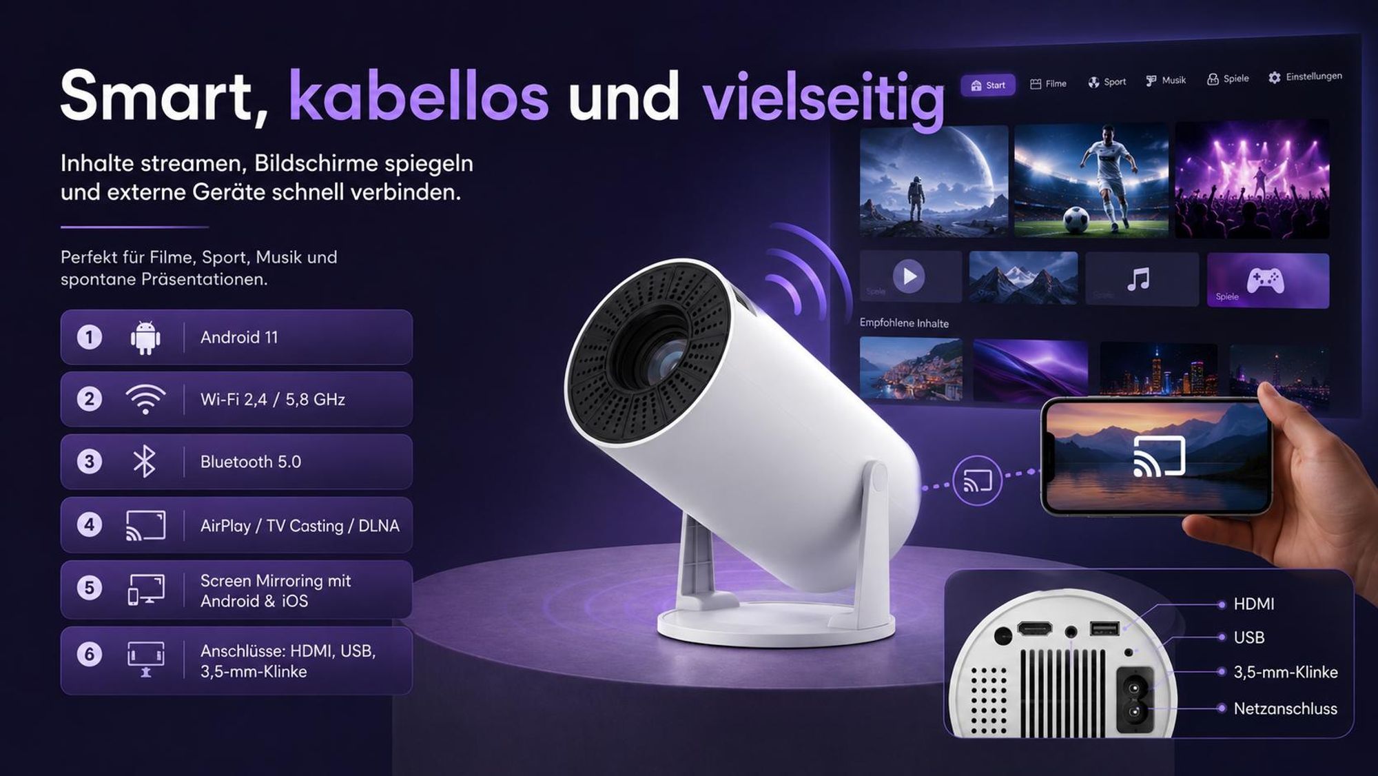 Kiano Relax Projektor Mini Tragbarer Beamer Smart TV, Trapezkorrektur, 1280x720, Android/iOS, 140 ANSI, Android, DLNA, Wi-Fi