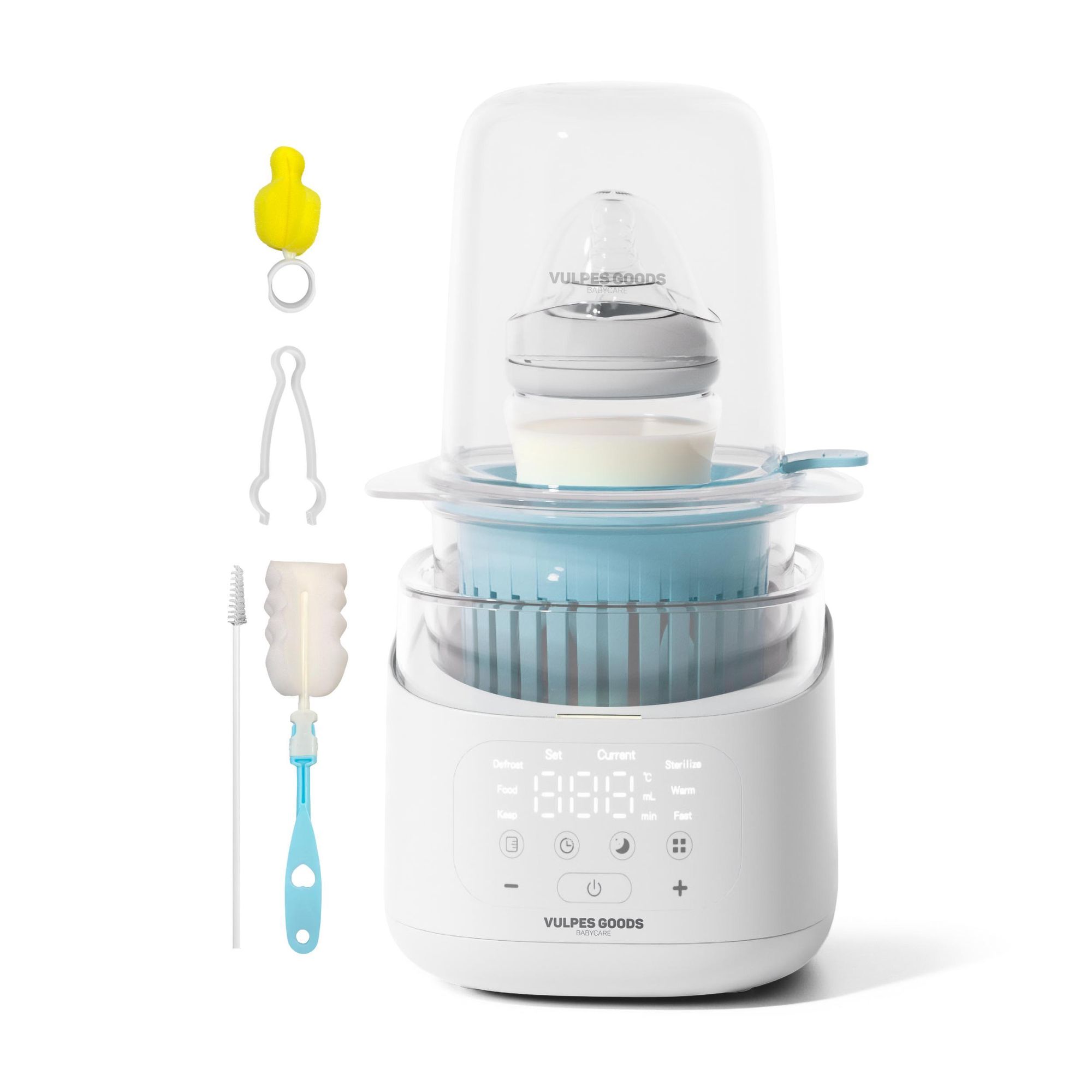 Vulpes Goods Flaschenwärmer 10-in-1, 24 Stunden warmhalten, Auftauen & Sterilisieren – Flaschenwärmer mit Nachtlicht – Sterilisator mit Dampfhaube