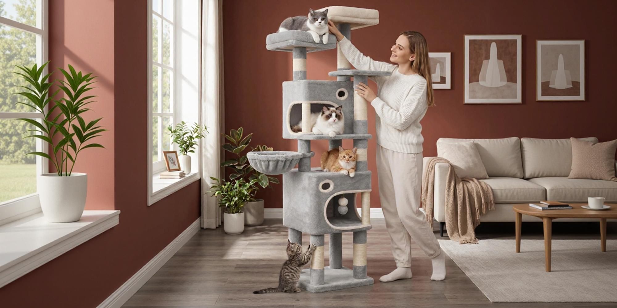 Fobyfurny Katzenkratzbaum 159 cm mit 8 Kratzbäumen, hellgrau | Mit 3 Plattformen, 2 Höhlen, Korb, Plüschbällen, Sisalseil, geeignet für Katzen Größe