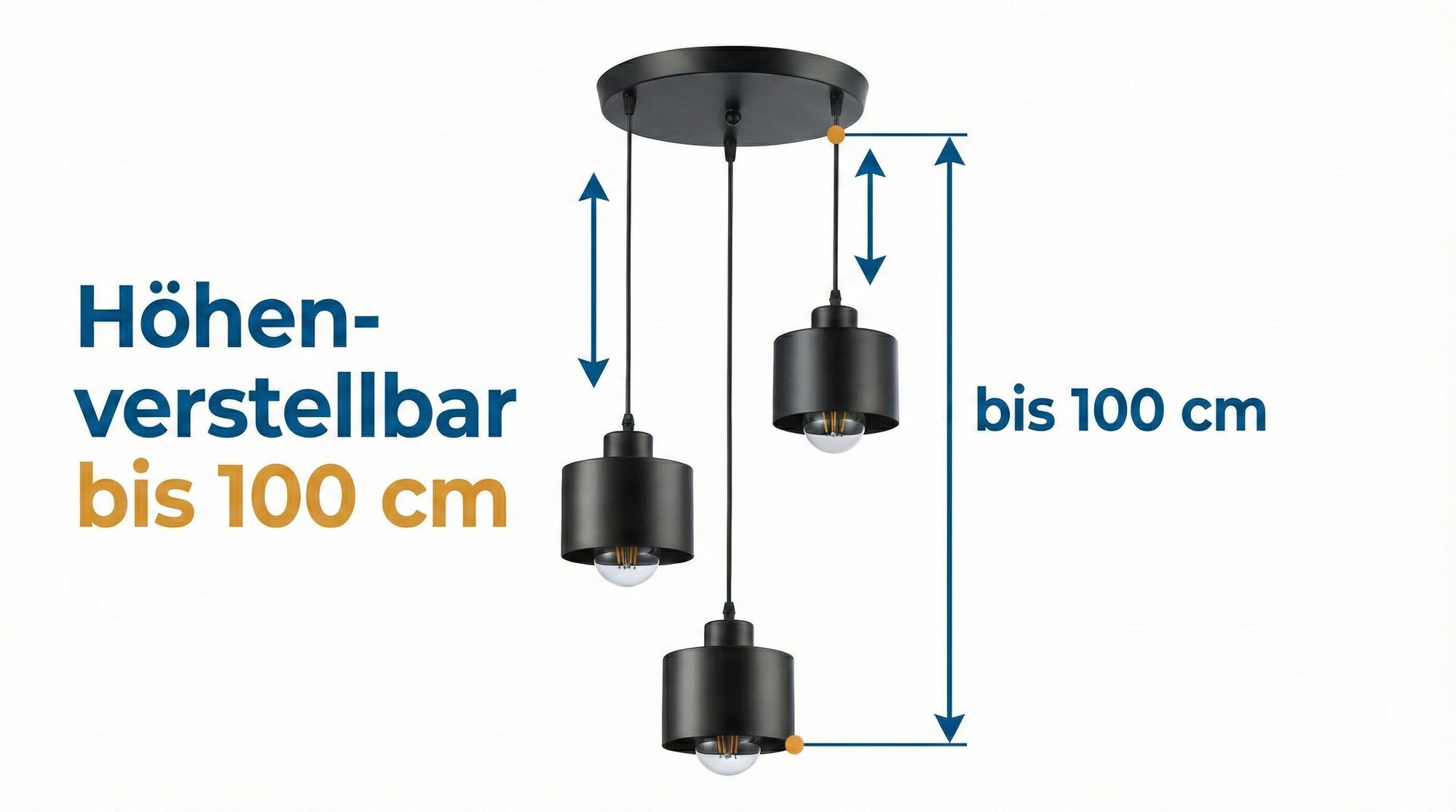 Pendelleuchte 3-flammig Schwarz E27 Metall – Moderne Hängelampe Rund für Esszimmer & Küche, Industrial Design, Höhenverstellbar