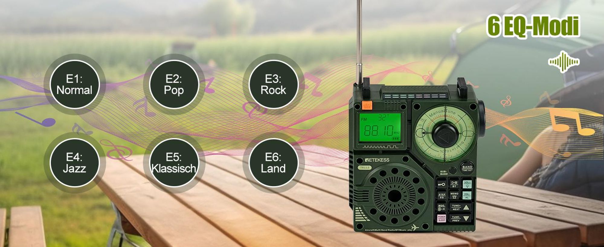 Retekess TR112 Tragbares Kurzwellenradio, FM VHF MW SW WB Air Band Radio, App Intelligente Fernbedienung, MP3 / TF, Bass Stereo SOS Alarm