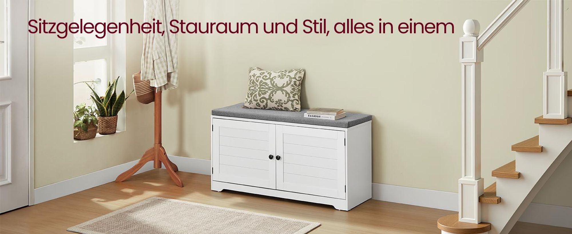 VASAGLE Schuhbank, 3 Ebenen, Sitzbank mit Stauraum, Türen und Sitzkissen, Schuhregal mit höhenverstellbaren Ablagen, 35,5 x 101 x 52,5 cm,