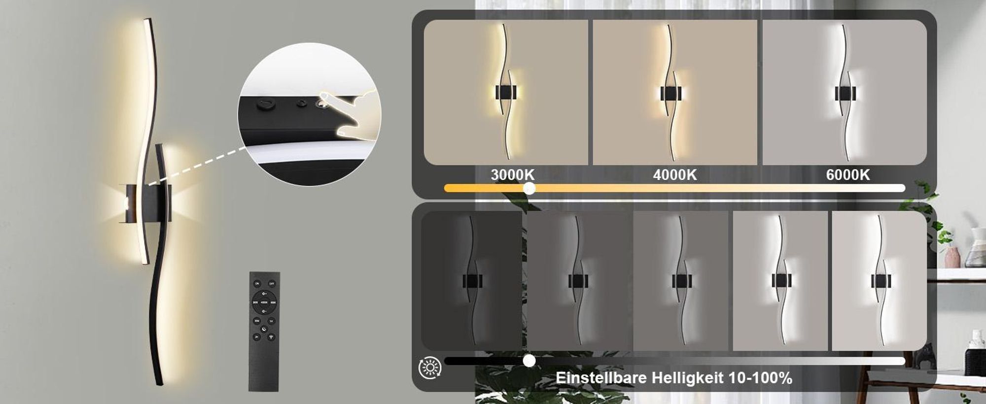 LED Wandleuchte Innen Modern Dimmbar 3 Farbtemperaturen Wiederaufladbar Wandlampe mit Fernbedienung