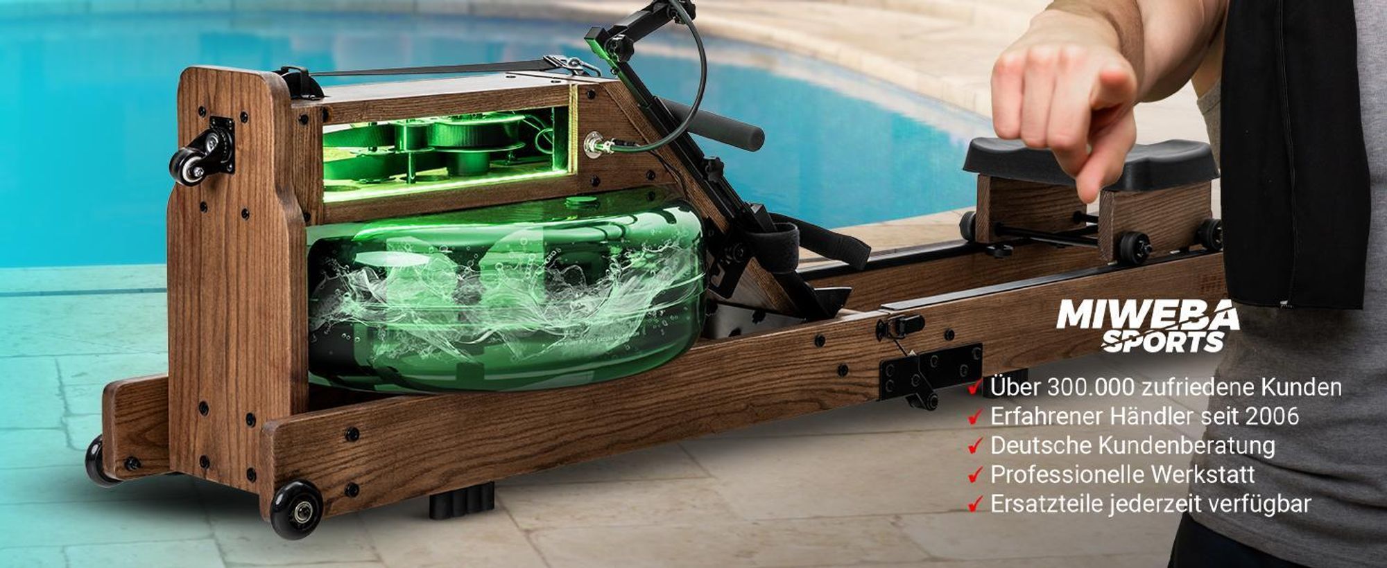 Miweba Sports Wasser-Rudergerät MR700 Pro | Holzrudergerät - Rudermaschine - App Steuerung - LED Display - Tablet Halterung - klappbar (Esche Dunkel)