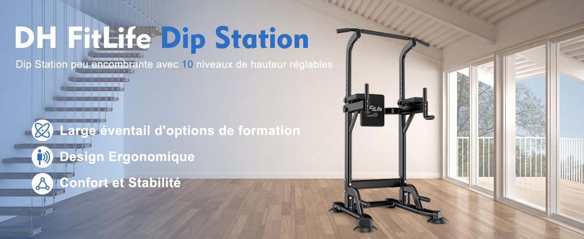 DH FitLife Power Tower Dip Station – Station de Musculation avec Barre de Traction et Barres de Dip pour Entraînement à Domicile