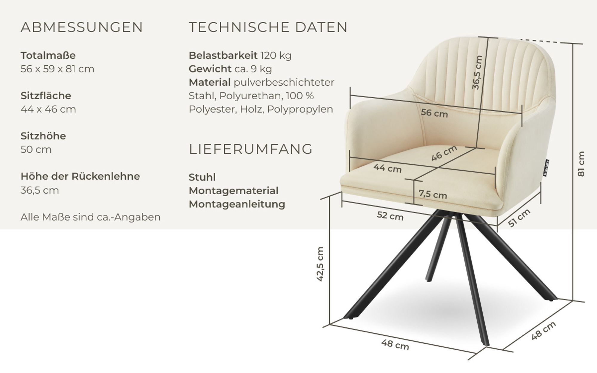 tectake® Samt-Drehstuhl Lona gepolstert 56 x 59 x 81 cm
