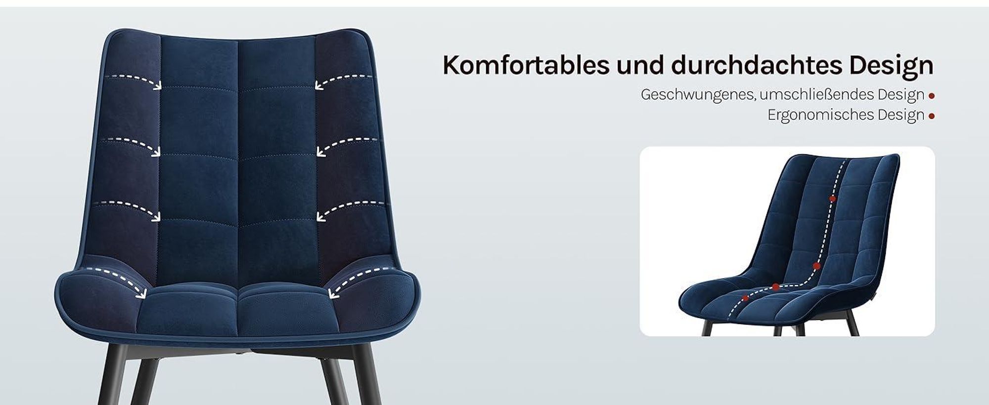 WOLTU Esszimmerstühle 2er-Set, Polsterstuhl mit Rückenlehne, bis 150 kg belastbar, Sitzfläche aus Samt, Metallbeine, Blau