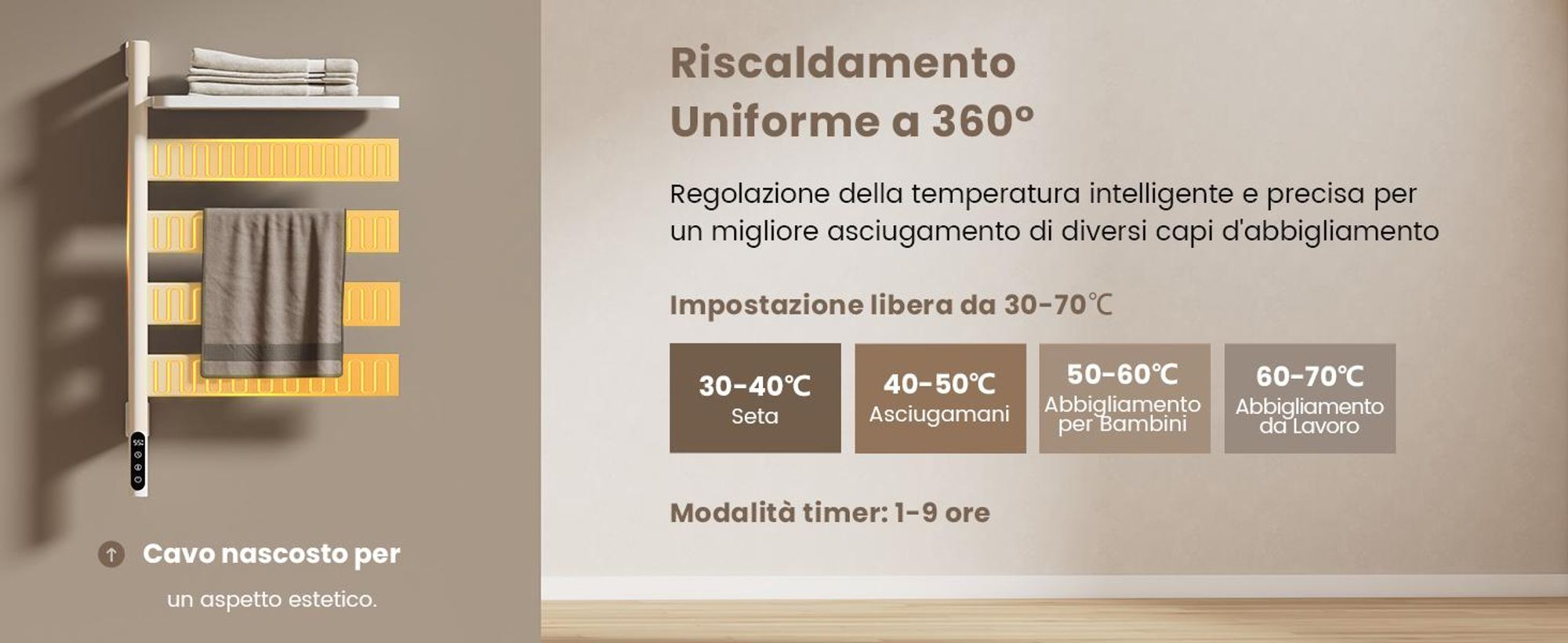 EMKE Scaldasalviette Elettrico con Portasciugamani Girevole e Mensola, Termoarredo Bagno WiFi con App e Controllo Vocale, Timer, 76x45x14 cm, Bianco