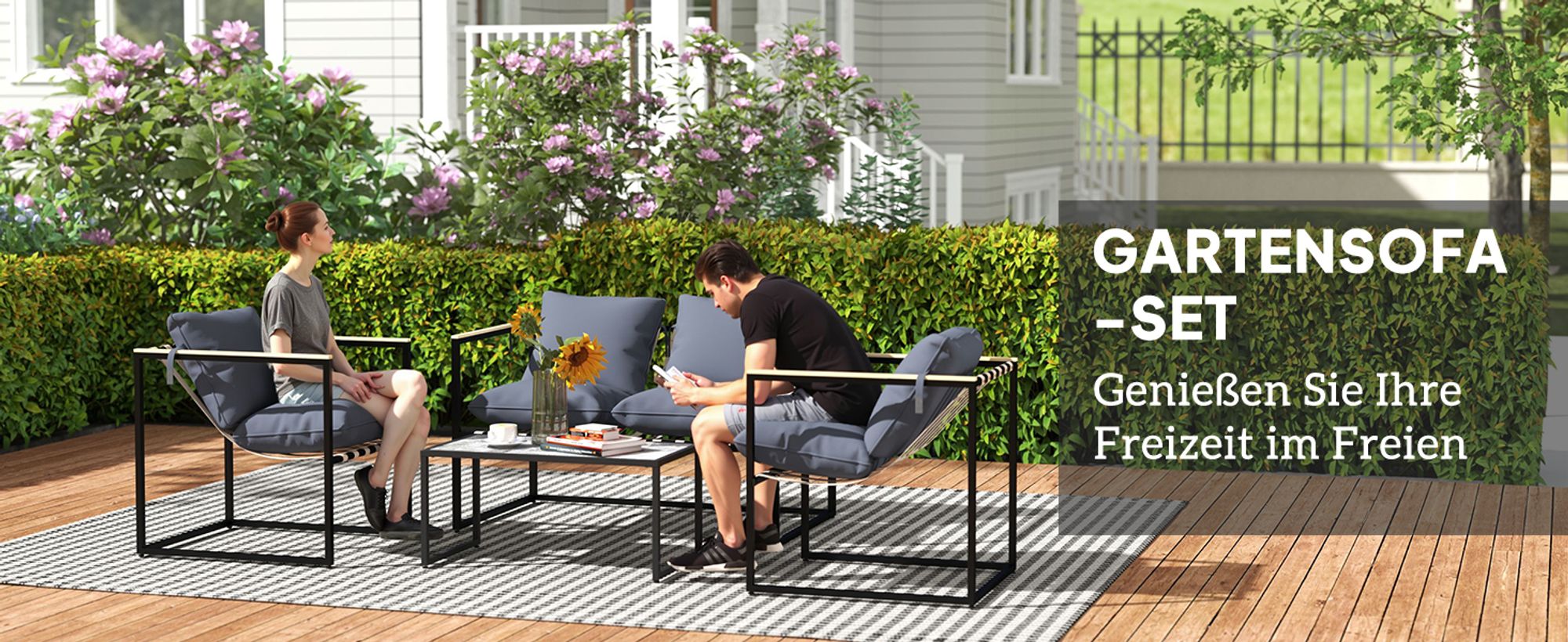 Outsunny Stahl Gartenmöbel Set 4 Personen Balkonmöbel-Set mit 2er Sofa Grau