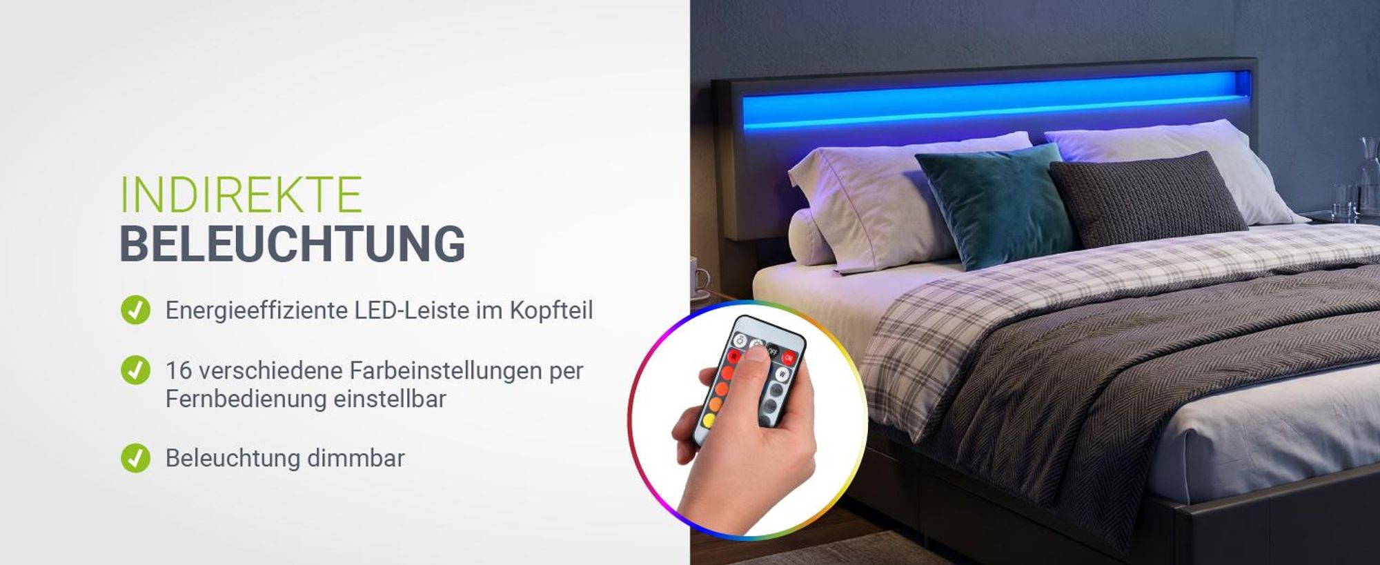Juskys Polsterbett Lyon 180 x 200 cm grau – Bettgestell mit Lattenrost, Bettkasten & LED Beleuchtung  – Kunstleder & Holz – Bett Doppelbett