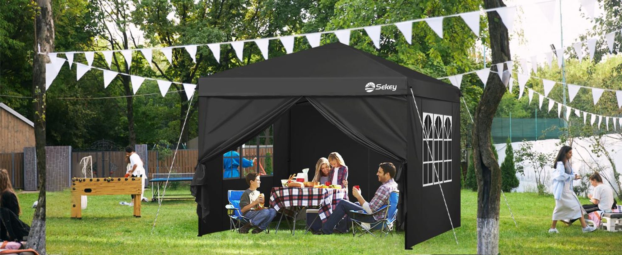 Sekey Faltpavillon 3x3 mit 4 Seitenwänden und mit 4 Sandsäcke, Wasserdicht Pop Up Pavillon für Camping, Festival, Events, Picknicks, Schwarz