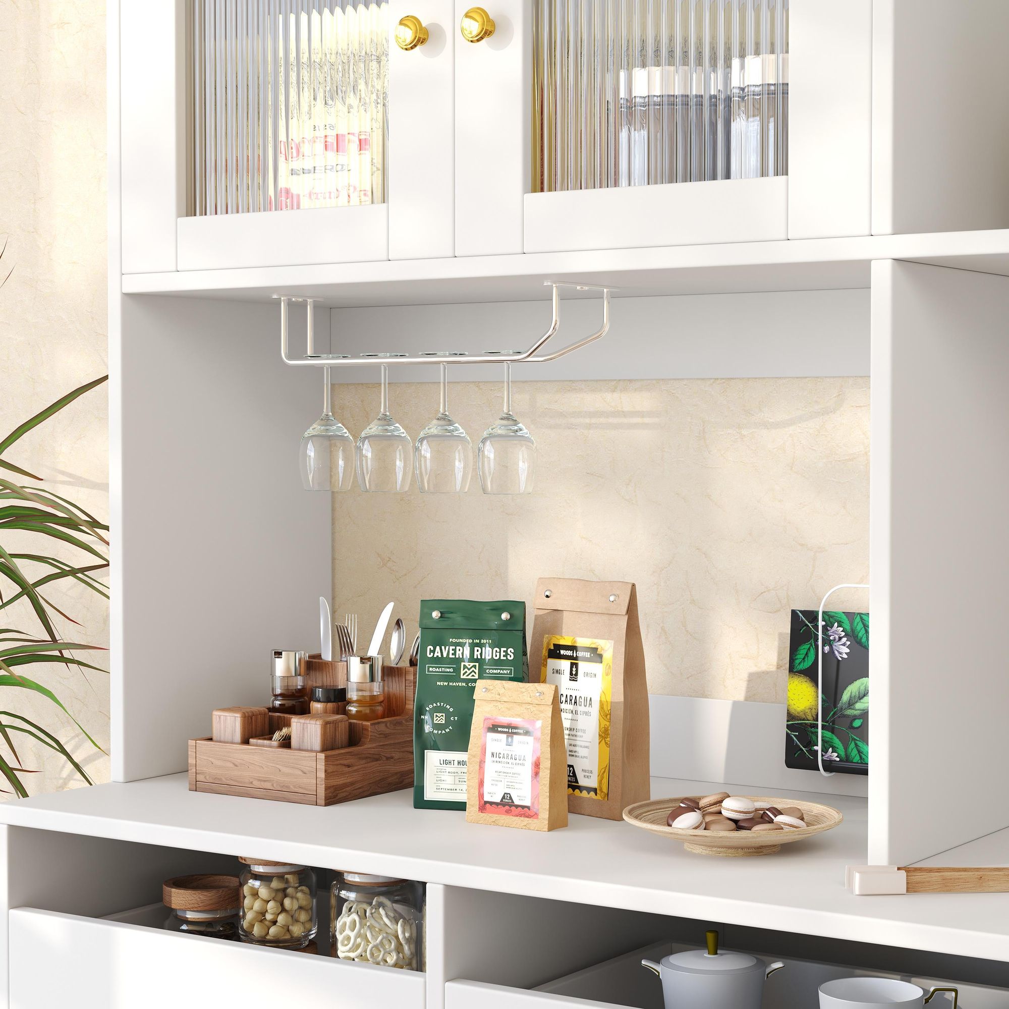 Flieks Küche Hochschränke Küchenbuffet mit Glastür, Küchenschränke Buffet mit Weingestell, Buffetschrank Highboard mit Offenen Staufächern, Weiß