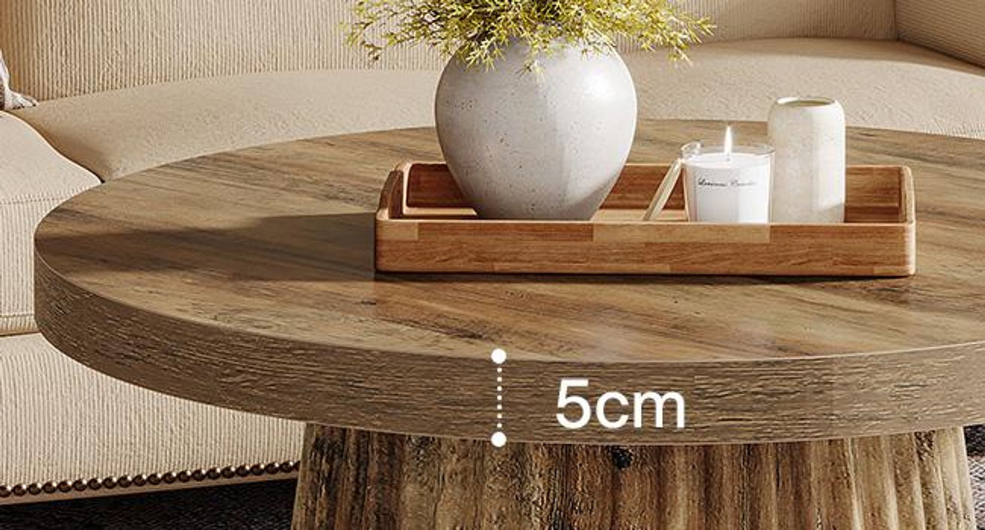 Tribesigns Runder Couchtisch, 80 cm Moderner Wohnzimmertisch mit geriffelter Trommelbasis & Holzoptik, Kaffeetisch für Wohnzimmer, Braun