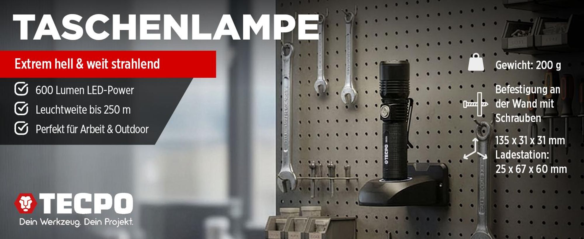 TECPO Taschenlampe mit Ladestation 250 Meter Leuchtweite 600 Lumen 7500K 15 Stunden Betriebsdauer
