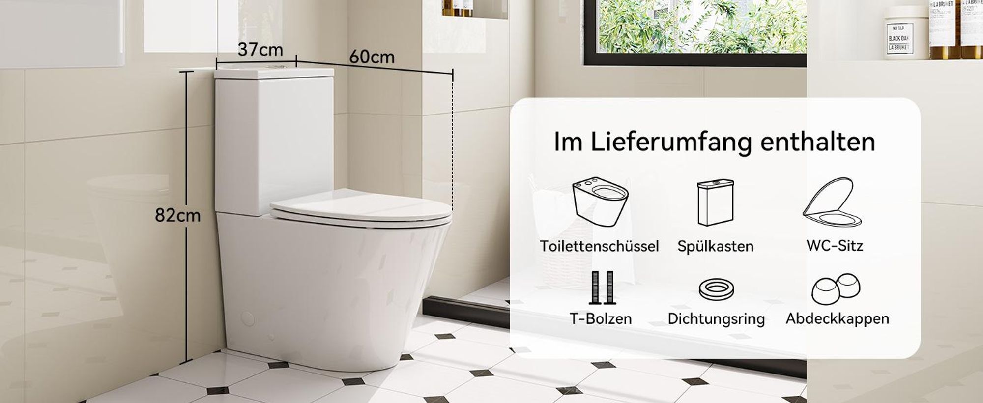 HOROW Spülrandlos Stand WC mit Spülkasten Komplettset, Keramik Stand Toilette mit Zwei-Mengen-Spülsystem, mit Toilettendeckel mit Absenkautomatik