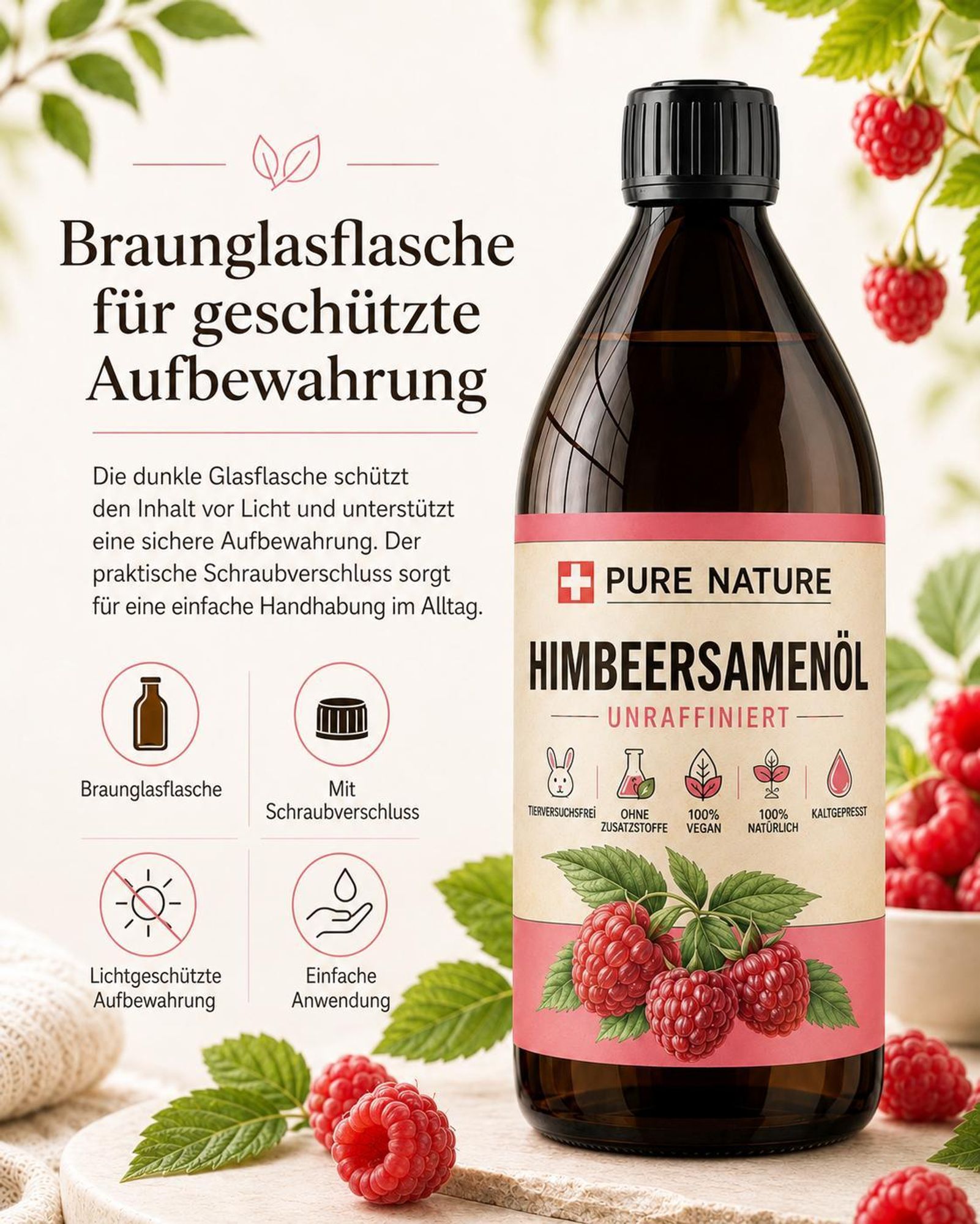 PURE CHEMICAL | Himbeersamenöl | unraffiniert | natürlich | kaltgepresst + Spender | 1 L