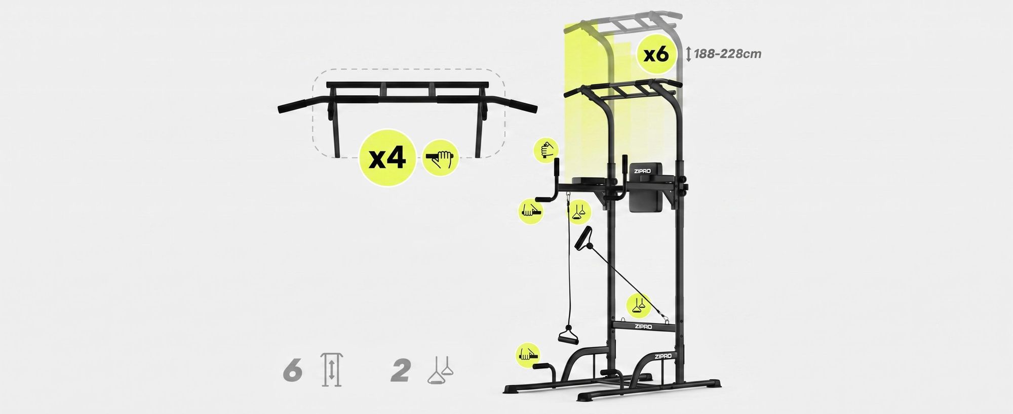 ZIPRO Uplift - Barra per trazioni - Torre multifunzionale - Stazione per dip - Stazione di allenamento - Supporto per trazioni - Palestra domestica - Attrezzo per addominali - Espansore