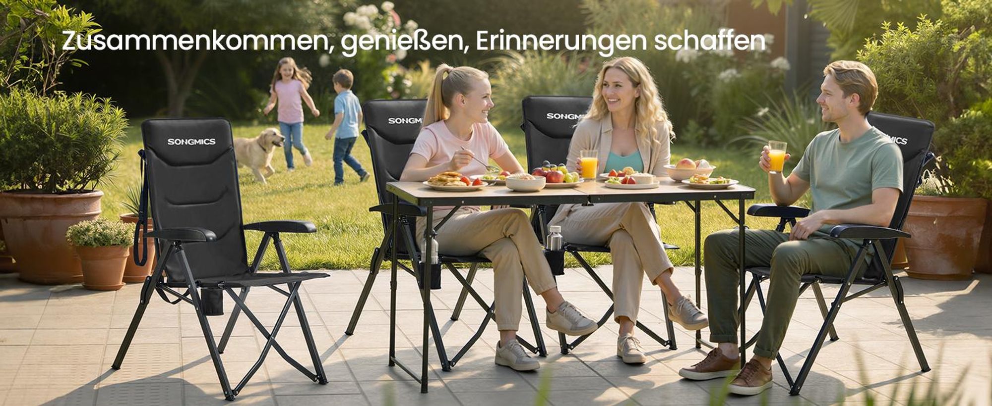SONGMICS Campingstuhl, verstellbare Rückenlehne 95°-150°,  Getränkehalter, Tragetasche, Angeln, Garten, Camping, schwarz