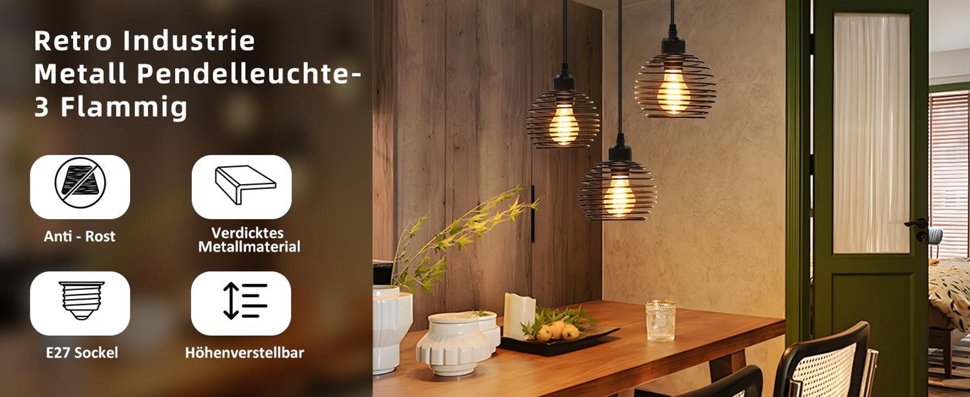 ZMH Pendelleuchte 3 Fammig Hängeleuchte Vintage E27 Pendellampe Metall Höhenverstellbar 120cm Esstischlampe für Esszimmer Schlafzimmer Küche Schwarz