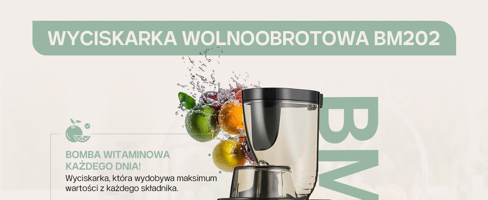 4Swiss BM202 - wolnoobrotowy wyciskarka do soków, biała. Zimnowarząca wyciskarka, idealna do owoców i warzyw, duży otwór wsadowy, wolna od BPA. Cicha, profesjonalna maszyna do smoothie i soków, 200W