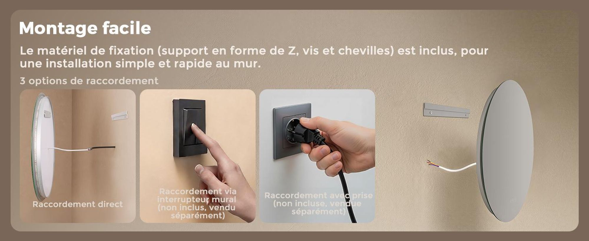 Miroir de salle de bain avec éclairage, rond, 80 cm, miroir LED S'AFIELINA, intensité réglable, 3 couleurs de lumière, anti-buée,tactile, fonction de mémorisation, IP65, étanche pour la salle de bain
