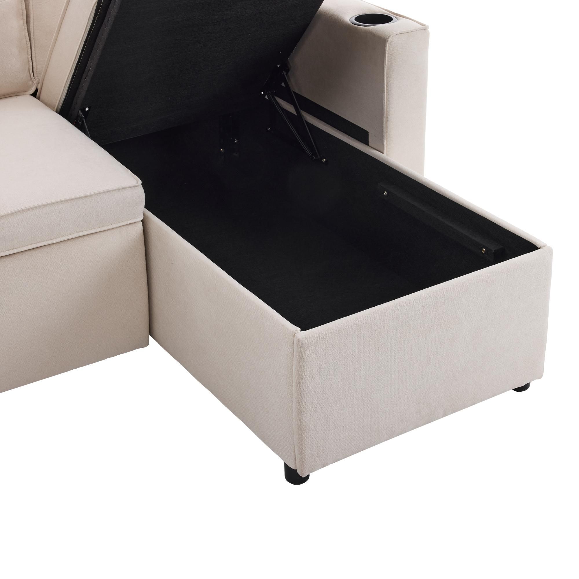 Merax Ecksofa, L-Form Sofa mit Schlaffunktion und Bettkasten, Couch mit Getränkehalter, 3-Sitzer Wohnzimmersofa, Couchgarnitur, Bettsofa, Beige