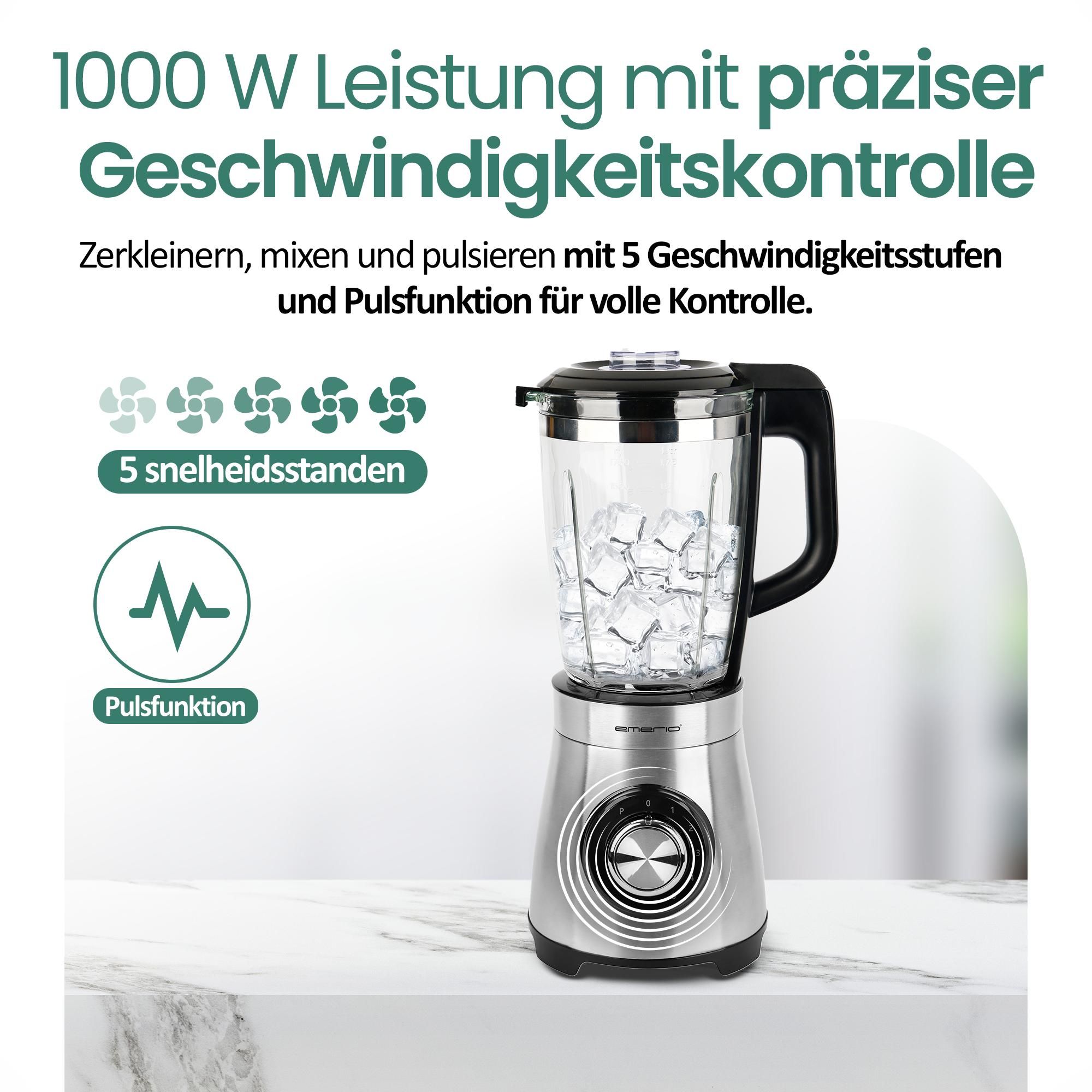 Emerio Blender 1,75 l – 1000W Smoothie-Maker mit 5 Geschwindigkeitsstufen und Glaskanne – Edelstahlmesser, spülmaschinengeeignet – BL-126794