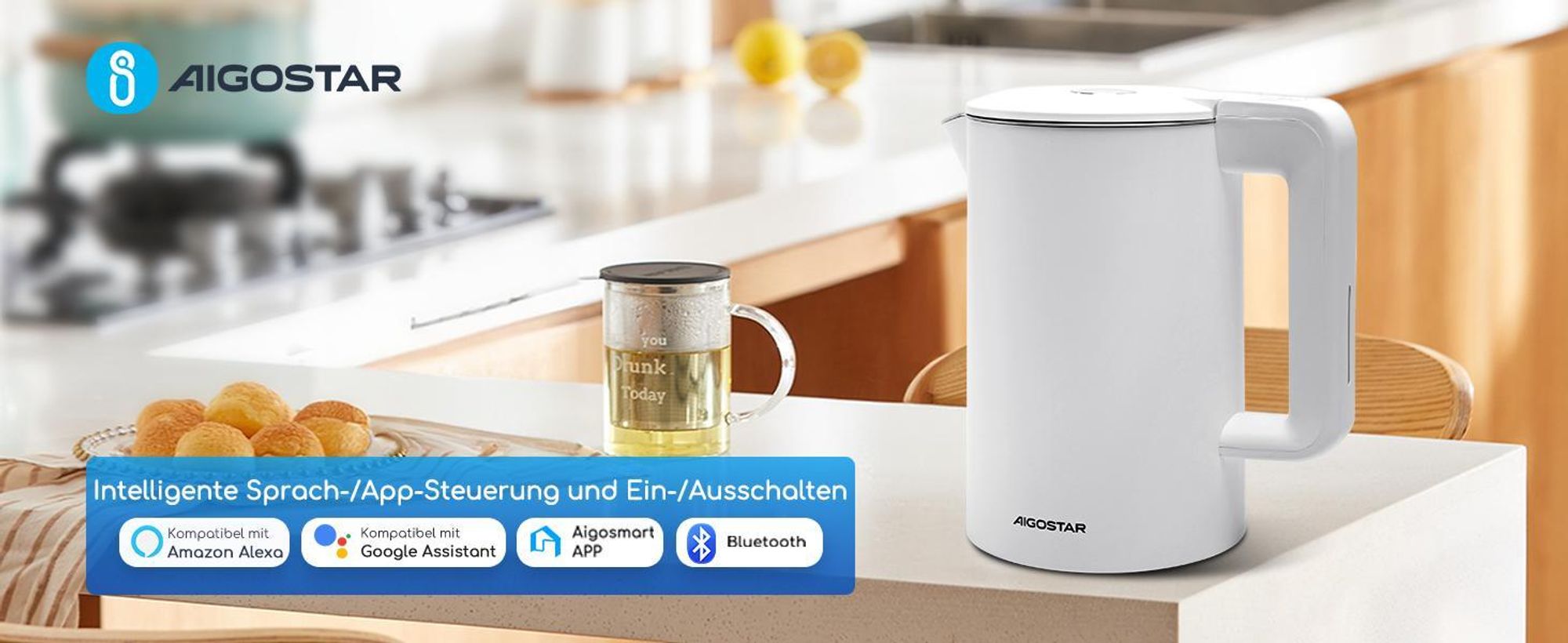 Aigostar Smart Glas-Wasserkocher 1,7L: WLAN & Alexa, 40°C-100°C Temperaturwahl, Innen 100% Edelstahl (Plastikfrei), Strix-Kontrolle, Weiß