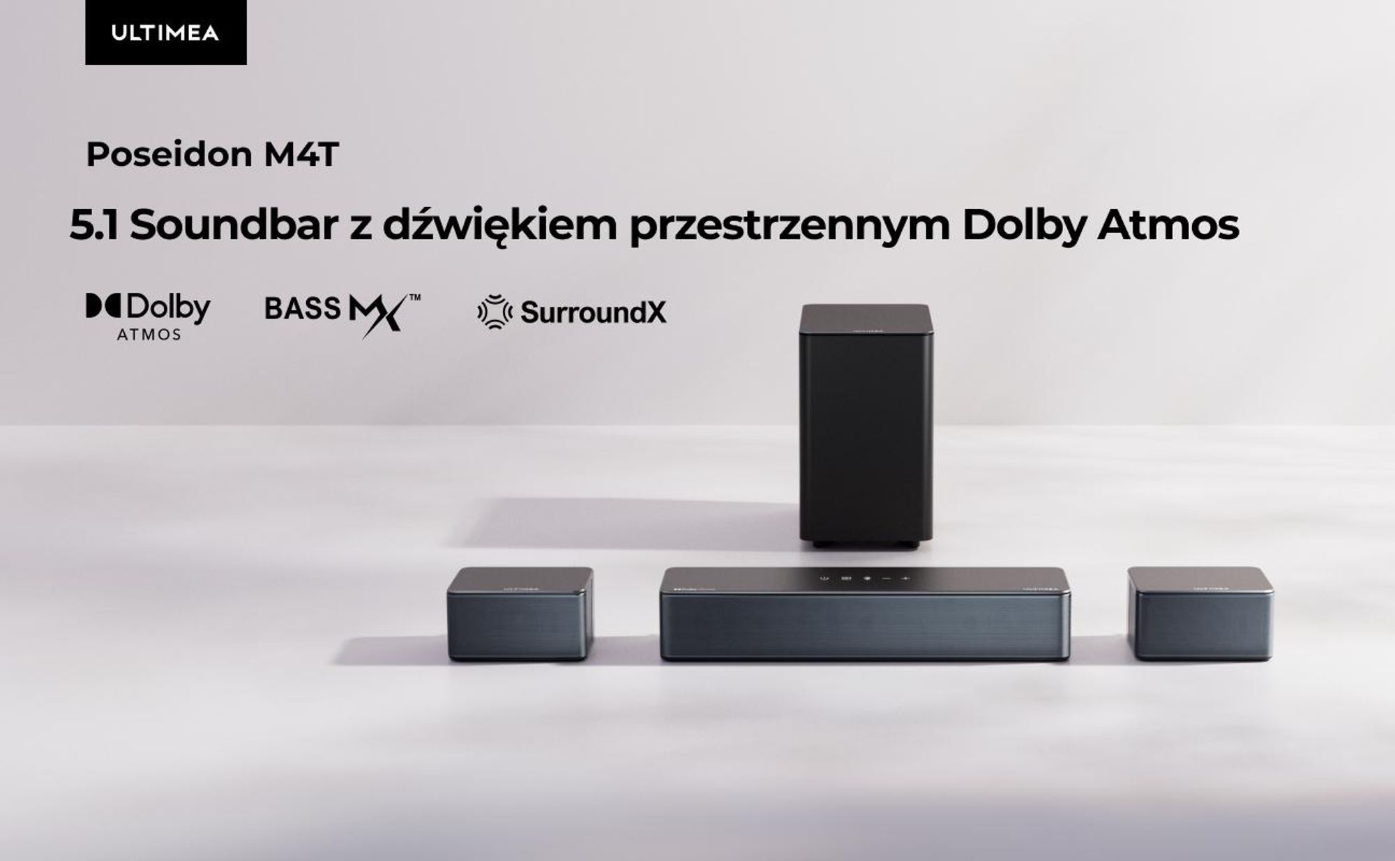 Soundbar ULTiMEA Poseidon M4T 5.1 z technologią Dolby Atmos, systemem dźwięku przestrzennego 3D, przeznaczona do telewizorów, z subwooferem, dwoma głośnikami tylnymi i Bluetooth 5.3