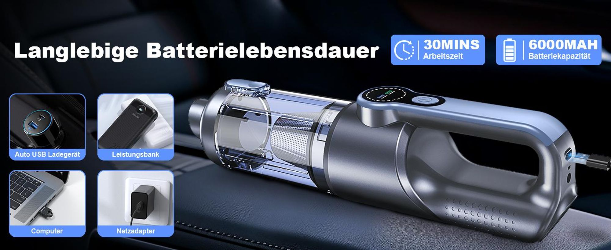 Handstaubsauger Akku 4-in-1, 18000Pa, 130W kabelloser Autostaubsauger, 6000mAh, Staubsauger mit Bürstenloser Motor, für Tierhaare, Auto, PC,Sofa, Haus