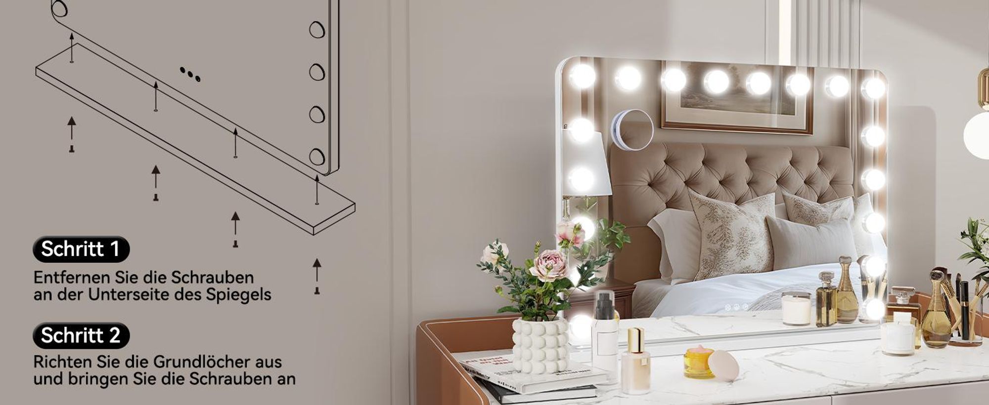 Puluomis Kosmetikspiegel Schminkspiegel 80x60cm Hollywood Spiegel Dimmbar mit 18 LED Beleuchtung 3 Farben, mit USB, 10x, Wandspiegel weiß, rund Ecke